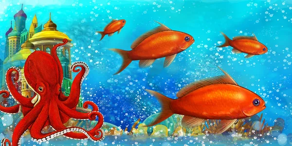 Scène de dessin animé avec des poissons dans le magnifique récif corallien du royaume sous-marin illustration pour les enfants — Photo