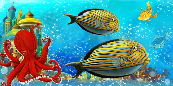Tecknad scen med fiskar i det vackra undervattensriket korallrev - illustration för barn — Stockfoto