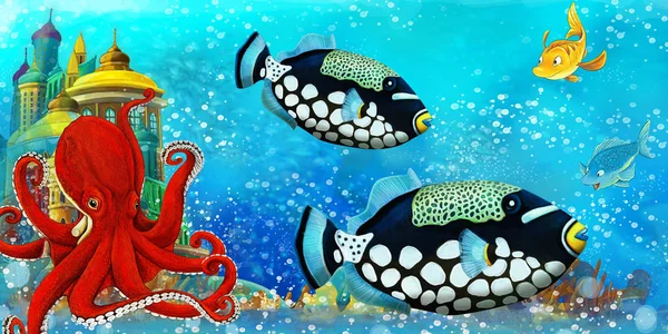 Cartoon scene with fishes in the beautiful underwater kingdom coral reef - illustration for children — Stock Photo, Image