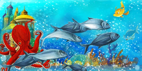 Cartoon scene with fishes in the beautiful underwater kingdom coral reef - illustration for children — Stock Photo, Image