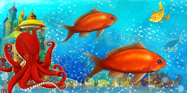 Cartoon scene with fishes in the beautiful underwater kingdom coral reef - illustration for children — 스톡 사진