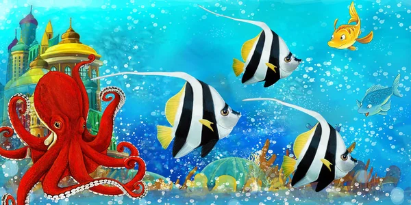 Мультяшная сцена с рыбами в красивом подводном королевстве коралловый риф - иллюстрация для детей — стоковое фото