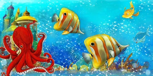 Cartoon scene with fishes in the beautiful underwater kingdom coral reef - illustration for children — Stock Photo, Image