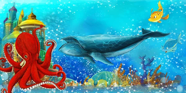 Cartoon scene with fishes in the beautiful underwater kingdom coral reef - illustration for children — Stock Photo, Image