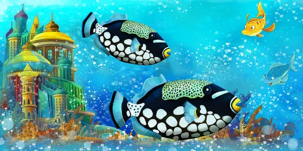 Cena dos desenhos animados com peixes no belo recife de coral do reino subaquático - ilustração para crianças — Fotografia de Stock