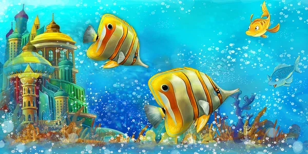 在美丽的水下王国珊瑚礁中与鱼的卡通场景。儿童图解 — 图库照片