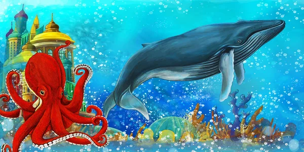 Escena de dibujos animados con peces en el hermoso arrecife de coral reino submarino - ilustración para niños —  Fotos de Stock