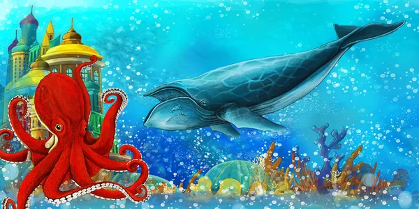 Cartoon scene with fishes in the beautiful underwater kingdom coral reef - illustration for children — 스톡 사진