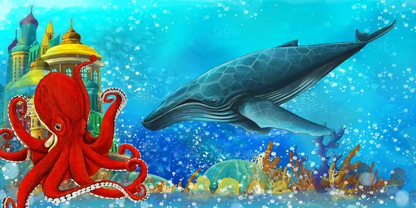 Cartoon scene with fishes in the beautiful underwater kingdom coral reef - illustration for children — 스톡 사진