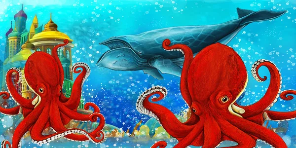 Cartoon scene with fishes in the beautiful underwater kingdom coral reef - illustration for children — 스톡 사진