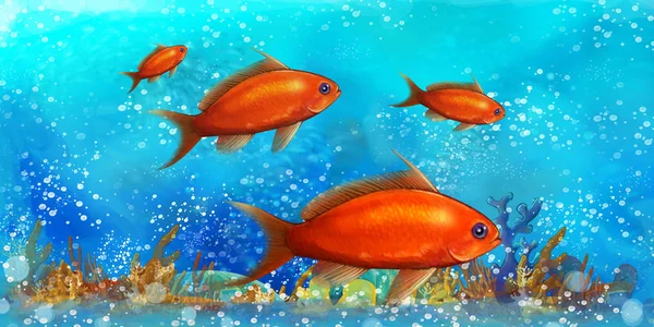 Rajzfilm jelenet halak a gyönyörű víz alatti királyság korallzátony - illusztráció gyerekeknek — Stock Fotó