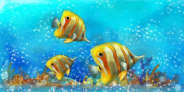 Escena de dibujos animados con peces en el hermoso arrecife de coral reino submarino - ilustración para niños — Foto de Stock