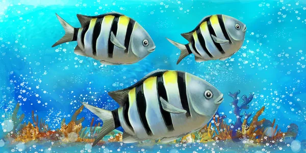 美しい水中王国のサンゴ礁で魚と漫画のシーン-子供のためのイラスト — ストック写真