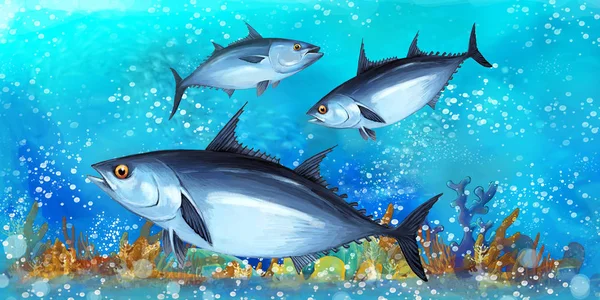 Escena de dibujos animados con peces en el hermoso arrecife de coral reino submarino - ilustración para niños — Foto de Stock