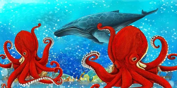 Escena de dibujos animados con peces en el hermoso arrecife de coral reino submarino - ilustración para niños —  Fotos de Stock