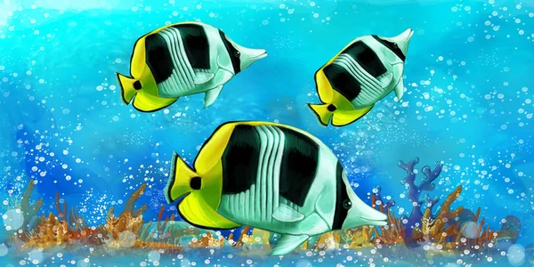 Escena de dibujos animados con peces en el hermoso arrecife de coral reino submarino - ilustración para niños — Foto de Stock