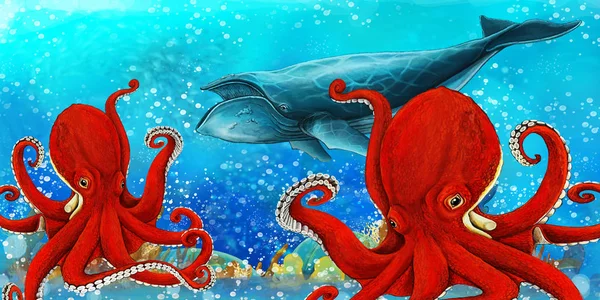 Escena de dibujos animados con peces en el hermoso arrecife de coral reino submarino - ilustración para niños — Foto de Stock