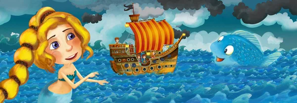 Cartoon scene with old ship sailing during storm with mermaid watching - illustration for the children