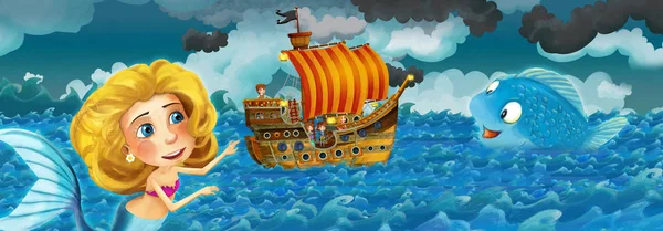 Cartoon scene with old ship sailing during storm with mermaid watching - illustration for the children