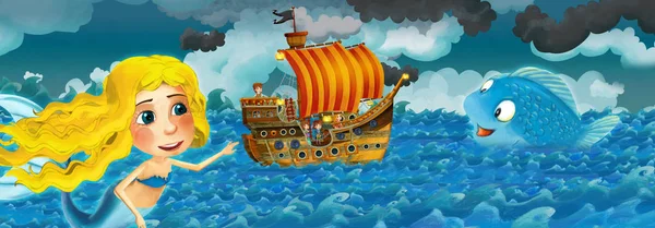 Escena de dibujos animados con barco viejo navegando durante la tormenta con sirena viendo - ilustración para los niños — Foto de Stock