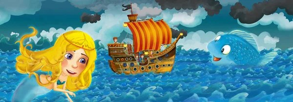 Cartoon scene with old ship sailing during storm with mermaid watching - illustration for the children — Stock Photo, Image