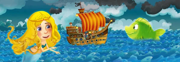 Cartoon scene with old ship sailing during storm with mermaid watching - illustration for the children — Stock Photo, Image