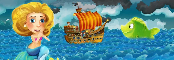 Eski gemi deniz kızı ile fırtına sırasında yelken ile çizgi film sahne izliyor - illüstrasyon çocuklar için — Stok fotoğraf