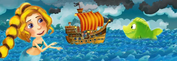 Eski gemi deniz kızı ile fırtına sırasında yelken ile çizgi film sahne izliyor - illüstrasyon çocuklar için — Stok fotoğraf