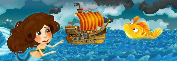 Cartoon scene with old ship sailing during storm with mermaid watching - illustration for the children — Stock Photo, Image