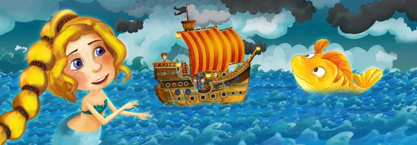 Cartoon scene with old ship sailing during storm with mermaid watching - illustration for the children — Stock Photo, Image