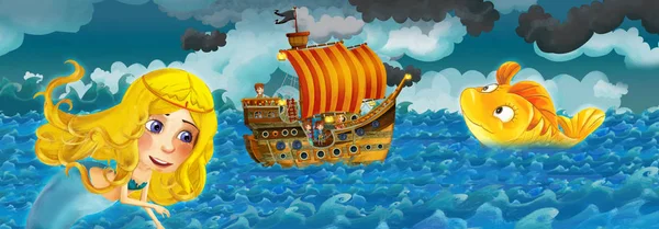 Cartoon scene with old ship sailing during storm with mermaid watching - illustration for the children — Stock Photo, Image