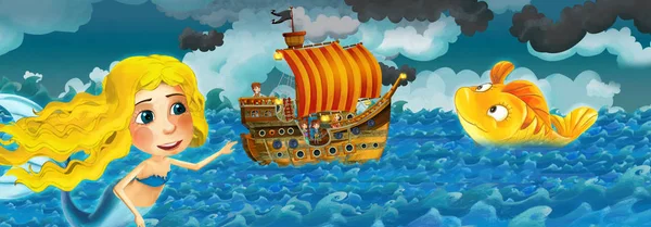 Cartoon scene with old ship sailing during storm with mermaid watching - illustration for the children — Stock Photo, Image