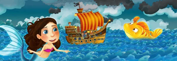 Kreslené scény s starých lodí plachtění během bouře mořská sledování - ilustrace pro děti — Stock fotografie