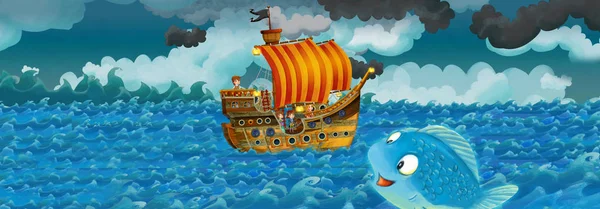 Scène de bande dessinée avec vieux bateau naviguant pendant la tempête avec observation des poissons - illustration pour les enfants — Photo