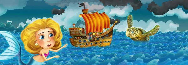 Мультфильм со старым кораблем, пилящим во время шторма и наблюдающим за русалкой - иллюстрация для детей — стоковое фото