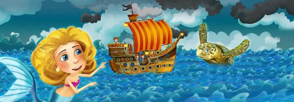 Escena de dibujos animados con barco viejo navegando durante la tormenta con sirena viendo - ilustración para los niños — Foto de Stock