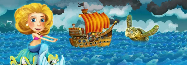 Escena de dibujos animados con barco viejo navegando durante la tormenta con sirena viendo - ilustración para los niños — Foto de Stock