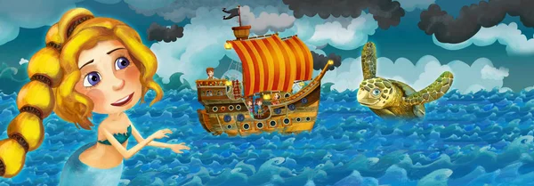 Cartoon scene with old ship sailing during storm with mermaid watching - illustration for the children — Stock Photo, Image