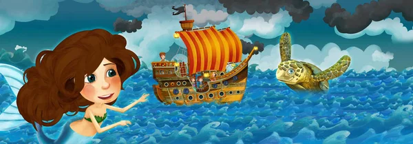 Cartoon scene with old ship sailing during storm with mermaid watching - illustration for the children