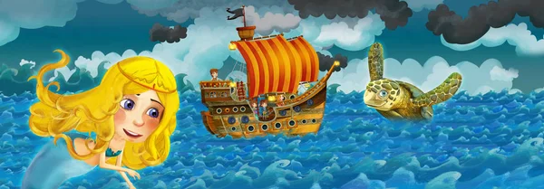 Scène de bande dessinée avec vieux bateau naviguant pendant la tempête avec observation de la sirène illustration pour les enfants — Photo