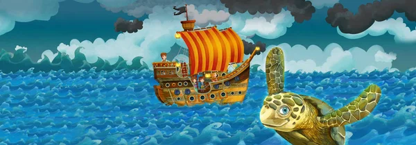 Cartoon scene with old ship sailing during storm with turtle watching - illustration for the children — 스톡 사진