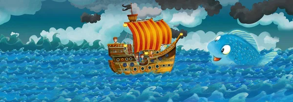 Escena de dibujos animados con barco viejo navegando durante la tormenta con sirena viendo - ilustración para los niños — Foto de Stock