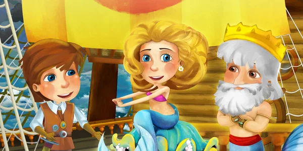 Cena de desenhos animados no navio com o príncipe capitão no convés e outras pessoas ilustração para crianças — Fotografia de Stock