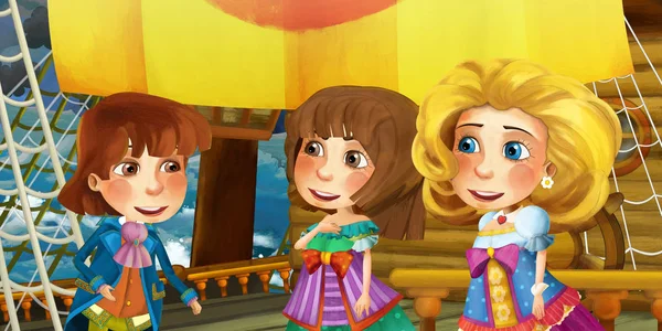 Escena de dibujos animados en el barco con el capitán príncipe en la cubierta y otras personas - ilustración para niños —  Fotos de Stock