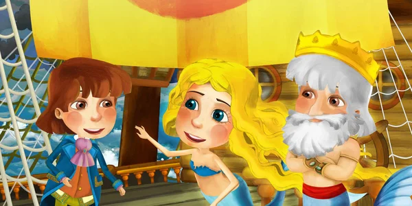 Zeichentrickszene auf dem Schiff mit Prinzen-Kapitän auf dem Deck und anderen Personen - Illustration für Kinder — Stockfoto