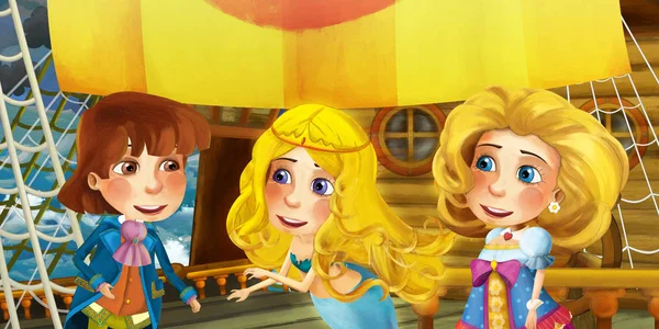 Escena de dibujos animados en el barco con el capitán príncipe en la cubierta y otras personas - ilustración para niños —  Fotos de Stock