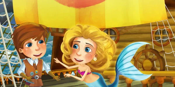 Мультфильм-сцена на корабле с принцем капитаном на палубе и другими людьми - иллюстрация для детей — стоковое фото