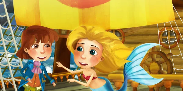 Cena de desenhos animados no navio com o príncipe capitão no convés e outras pessoas ilustração para crianças — Fotografia de Stock