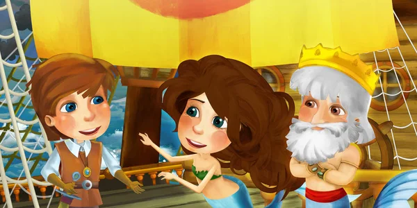 Мультфильм-сцена на корабле с принцем капитаном на палубе и другими людьми - иллюстрация для детей — стоковое фото