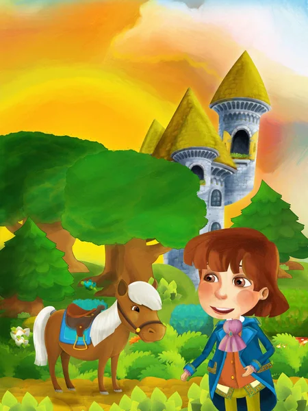 Cartoon forest scene with prince standing on path near the forest and castle tower - illustration for children — ストック写真